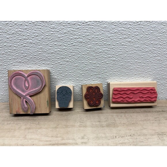 Set of 4 Mixed Brands Wood Mounted Rubber Stamps - Picture 2 of 4